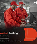 A-Premium steering column shift mechanism product testing scene with two technicians in red uniforms at a workshop