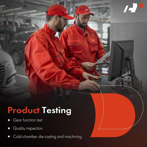 A-Premium steering column shift mechanism product testing scene with two technicians in red uniforms at a workshop