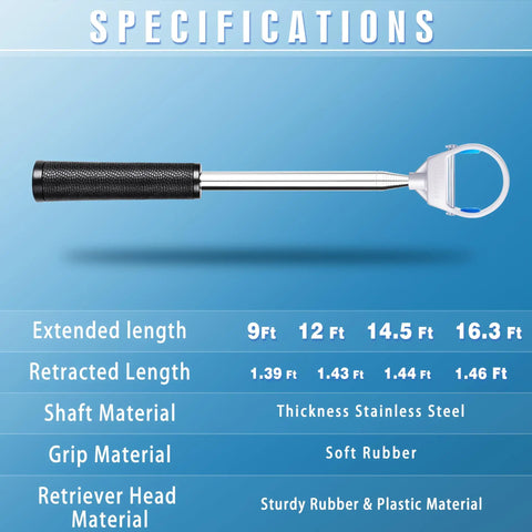 Specifications of the Upgraded Auto Locking Golf Ball Retriever With Thick Telescopic Shaft 9 Foot Reach Durable And Stable