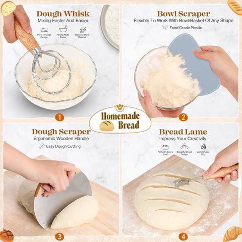 Ultimate Sourdough Starter Kit For Home Bakers With Round And Oval Proofing Baskets, showing dough whisk, scraper, and lame in use.
