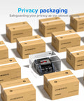 Cash Counter With Value Count And UV MG IR Counterfeit Detection For Dollars And Euros Auto Count Add And Batch Modes External LCD Display Easy Cash Counting Machine For Busy Shops And Shop Pros amidst packaging boxes.