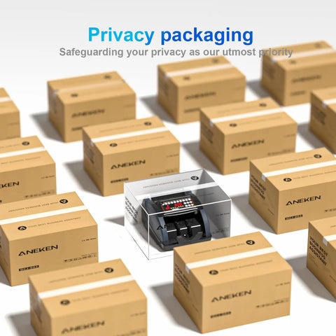 Cash Counter With Value Count And UV MG IR Counterfeit Detection For Dollars And Euros Auto Count Add And Batch Modes External LCD Display Easy Cash Counting Machine For Busy Shops And Shop Pros amidst packaging boxes.