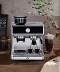 Pro Grade Espresso Coffee Machine With Built In Grinder And 20 Bar Pump Featuring Fast Steam Milk Frother Wand, brewing espresso shots.