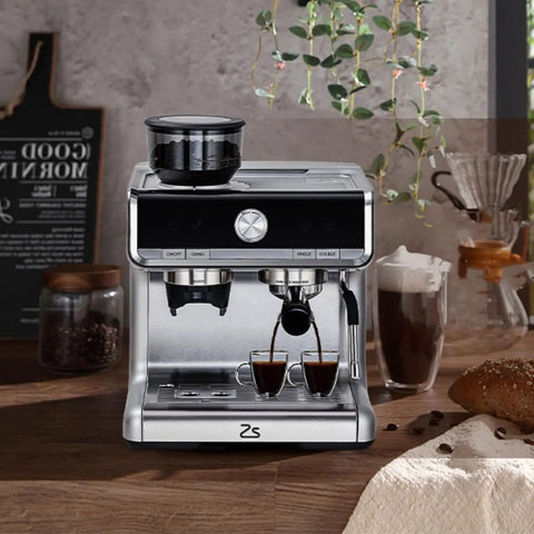 Pro Grade Espresso Coffee Machine With Built In Grinder And 20 Bar Pump Featuring Fast Steam Milk Frother Wand, brewing espresso shots.