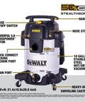 StealthSonic 10 Gallon Wet Dry Shop Vacuum With Ultra Quiet Motor featuring hose strap, locking vacuum port, and swivel casters.