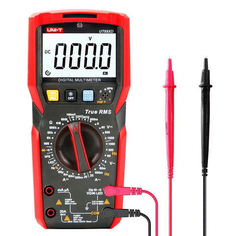 True RMS 6000 Count Digital Multimeter With 1000V AC DC 20A AC DC Range NCV Live Wire Detection front view with probes