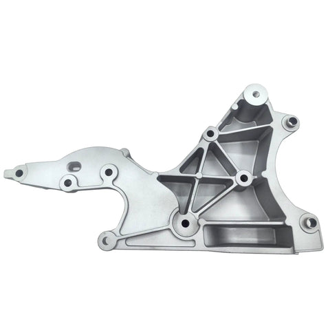 Heavy Duty Alternator And Power Steering Pump Mounting Bracket With Complete Bolt Kit Drops Right In For Cadillac Escalade Chevy Silverado Gmc Sierra Yukon 2002 2014 Replacement side view in silver aluminum with bolt holes.