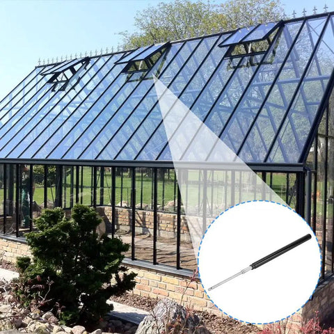 Greenhouse Automatic Vent Opener Kit With Double Spring Roof Control installed on glass greenhouse roof.