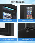 Rock Solid Compact Upright Freezer With Seven Adjustable Chill Settings, showcasing display window and interior light features.