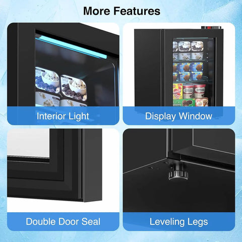 Rock Solid Compact Upright Freezer With Seven Adjustable Chill Settings, showcasing display window and interior light features.
