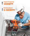 Worker using Cordless Rotary Hammer Drill With Brushless Motor, 4 Modes, Variable Speed, SDS Plus Chuck on concrete wall.