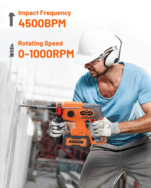 Worker using Cordless Rotary Hammer Drill With Brushless Motor, 4 Modes, Variable Speed, SDS Plus Chuck on concrete wall.