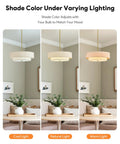 18 Inch Modern Drum Chandelier 4 Light Two Tier Linen Pendant With Brushed Gold Canopy shown in cool, natural, and warm lighting settings.