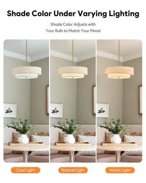 18 Inch Modern Drum Chandelier 4 Light Two Tier Linen Pendant With Brushed Gold Canopy shown in cool, natural, and warm lighting settings.