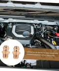 25 Piece Grease Zerk Fitting Assortment Kit With Straight And Angled Copper Threaded Nozzles shown with car engine for lubrication