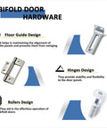 Bifold door hardware kit showing floor guide, hinges, and rollers for Bifold Closet Door For 30 x 80 Opening, 6 Lite Panel Hollow Core With Hardware Kit, Durable MDF And PVC Covered Construction, Moisture Resistant, No Painting Required, Ideal For Wardrobe And Pantry, White Interior Doors.