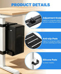 Hella Secure Under Desk PC Mount Clamp On Computer Tower Stand For Standing Desk No Drill Heavy Duty Rack with adjustment knob and non-slip pads.