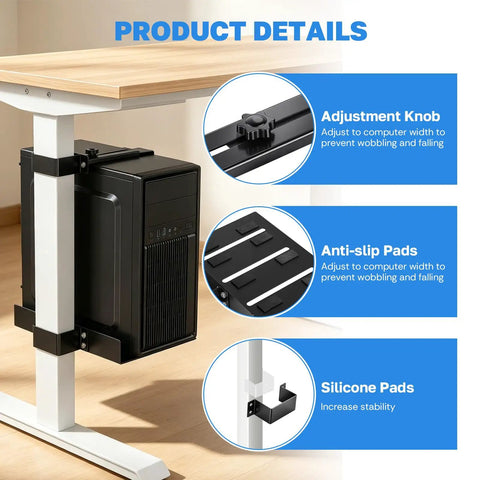 Hella Secure Under Desk PC Mount Clamp On Computer Tower Stand For Standing Desk No Drill Heavy Duty Rack with adjustment knob and non-slip pads.