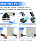 Instructions showing installation of 15 Sizes Rubber Grommet Kit With Knife for electrical panels, including cutting and inserting grommets.