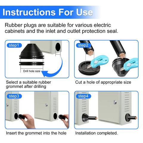 Instructions showing installation of 15 Sizes Rubber Grommet Kit With Knife for electrical panels, including cutting and inserting grommets.
