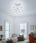 Crystal Flower Chandelier Modern LED Ceiling Light Fixture Flush Mount for Bedroom Living Room Dining Room Foyer, 29W, K9 Crystals With Stainless Steel Frame, Cool White Glow, Next Level Bright Home Lighting in a living room setting