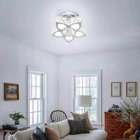 Crystal Flower Chandelier Modern LED Ceiling Light Fixture Flush Mount for Bedroom Living Room Dining Room Foyer, 29W, K9 Crystals With Stainless Steel Frame, Cool White Glow, Next Level Bright Home Lighting in a living room setting