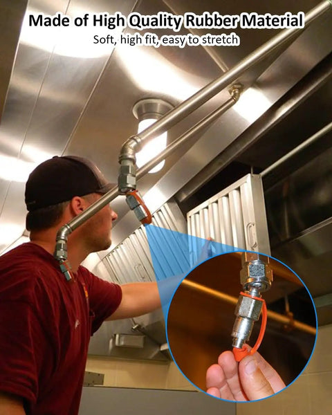 Heavy Duty Rubber Blow Off Caps Kit For Kitchen Suppression Vent Hood Systems And Piranha Style Grease Cap Replacements Oil And Heat Resistant Go To Caps 30 Count Aftermarket Fit For Industrial Grease Lines shown in use