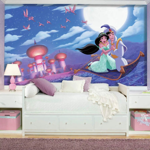 Aladdin A Whole New World Peel And Stick Wall Mural For Kids Room Decor Easy Spray And Stick Application 10.5 Ft By 6 Ft Large Wall Makeover That Pops; featuring Aladdin and Jasmine on a magic carpet against a moonlit sky.
