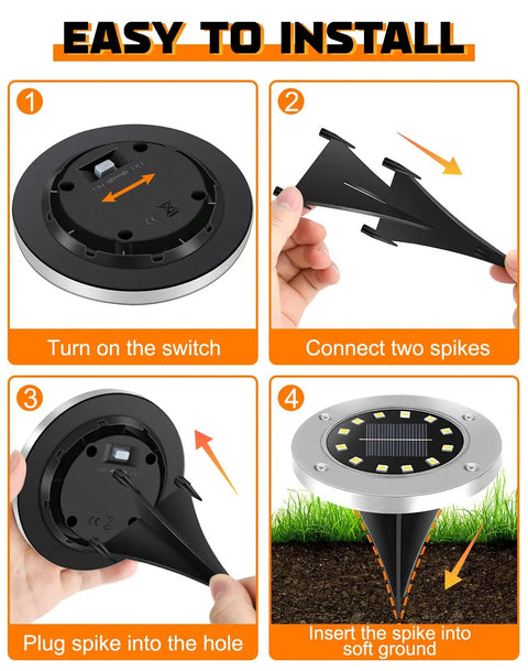 Steps to install 12 LED Solar Disk Lights for Outdoor Pathway and Garden Waterproof Ground Lights with a large 4.5 by 5.1 inch panel.