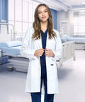 Unisex Lab Coat 35 Inch White Medical Coat With Notched Collar, Four Button Front, Chest Pocket, in hospital setting