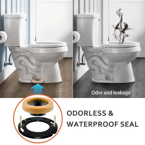 Fix That Leaky Toilet Mess Once And For All With This Heavy Duty Flange Repair Kit And Wax Ring Designed For 3 Or 4 Inch Waste Pipes Creates A Bulletproof Seal Ideal For DIY Homeowners Wanting A Quick Bathroom Fix. Side-by-side image of a toilet with a flange and wax ring.
