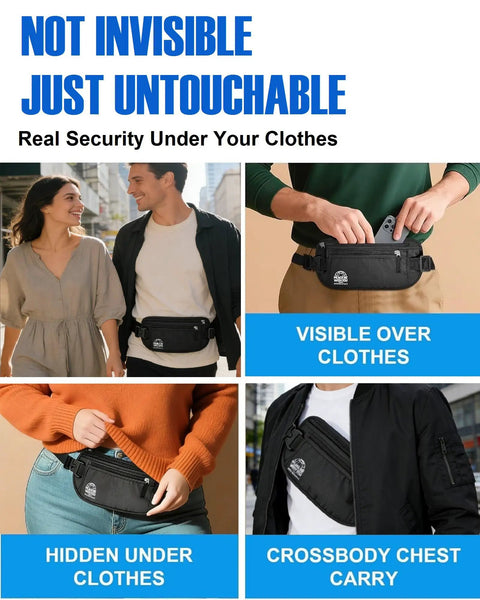 Travel Money Belt With RFID Blocking and Sweat Proof Heavy Duty Buckle Anti Theft Waist Wallet Stash shown in use.