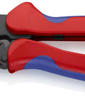 4-Position Contact Crimping Pliers For Non-Insulated Open Plug Type Connectors, red and blue handles, black dies