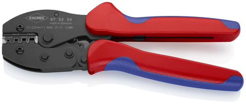 4-Position Contact Crimping Pliers For Non-Insulated Open Plug Type Connectors, red and blue handles, black dies