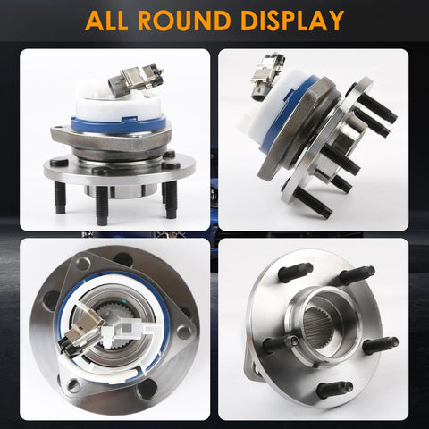 Front Wheel Hub Bearing Assembly 513121 With 5 Lug And ABS For Chevy Impala Buick Century LaCrosse Lesabre Lucerne Park Avenue Regal Rendezvous Riviera Terraza Cadillac DeVille DTS Eldorado Seville shown in various angles.