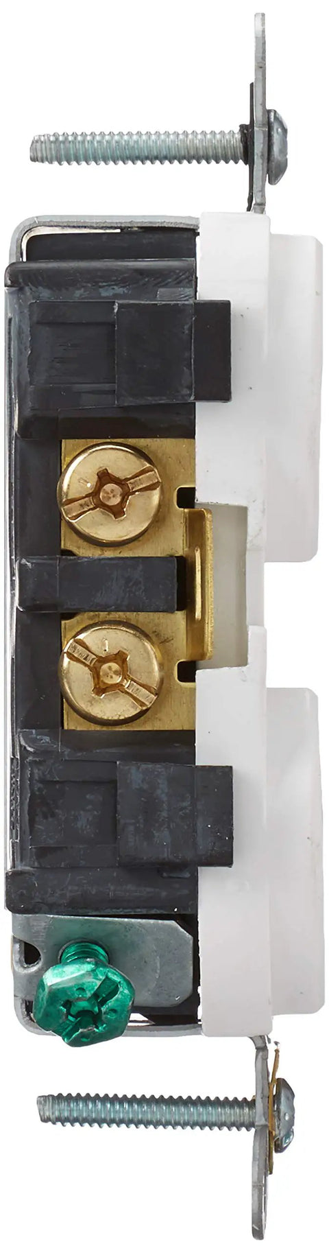 5822-W Straight Blade Single Receptacle 250 Vac 20 A 2 Pole 3 Wire White With Heavy Duty Brass Contacts Large Head Terminal Screws Captive Mounting Screws And Backed Out Staked Terminals No Hassle Wiring side view