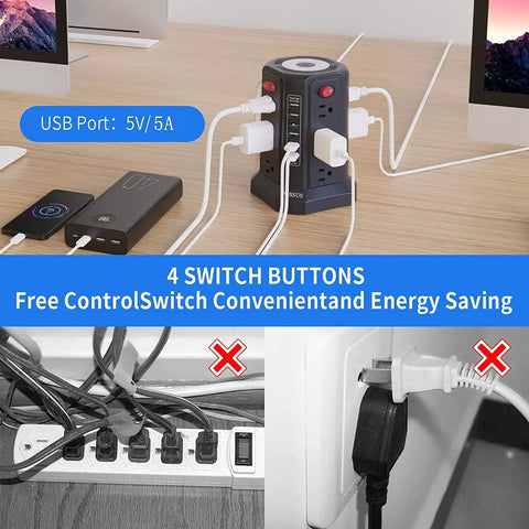 Beefy Heavy Duty Surge Protector Power Strip Tower With Five USB Ports And Built In Night Light shown on desk with devices connected