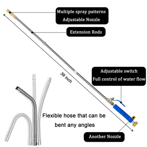 High Pressure Power Washer Wand With Hydro Jet Spray, Flexible Water Wand And 3 Nozzle Set shown with extension rods and adjustable nozzle