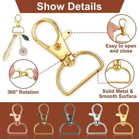 Sturdy Metal Swivel Snap Hooks Bulk Kit With D Rings And Quick Slide Buckles, gold and silver clips showcasing smooth surfaces and 360° rotation.
