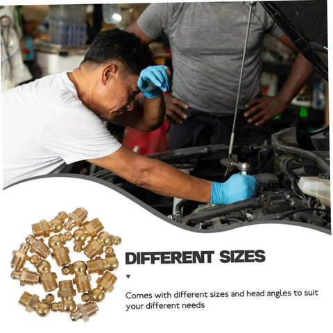 Mechanic using 60-Piece Grease Fitting Assortment Kit with 1/4-28 SAE-LT copper threaded lubrication nozzles and various angles