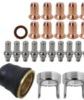 Pro Grade 24 Piece Plasma Torch Consumables Kit For PTM 60 IPT 60 IPTM 60 PT 40 IPT 40 Series Fits CUT 55DS Pro And CUT 65DS Plasma Cutting Machines Included, featuring electrodes, nozzles, covers, and brackets displayed.