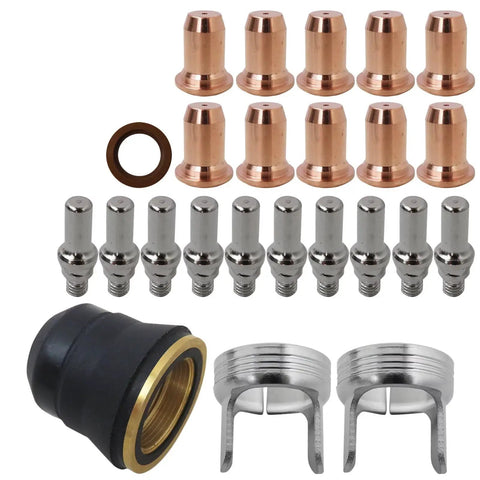 Pro Grade 24 Piece Plasma Torch Consumables Kit For PTM 60 IPT 60 IPTM 60 PT 40 IPT 40 Series Fits CUT 55DS Pro And CUT 65DS Plasma Cutting Machines Included, featuring electrodes, nozzles, covers, and brackets displayed.