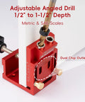 Badass Pocket Hole Jig Kit With Adjustable Drill Guide For Tight Woodworking Joints, red angled drill for 1/2" to 1-1/2" depth.