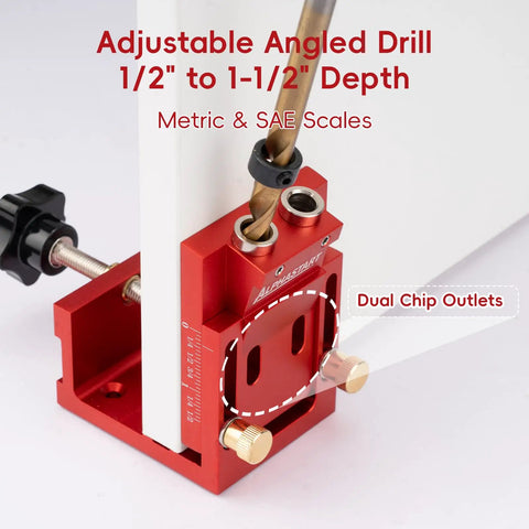 Badass Pocket Hole Jig Kit With Adjustable Drill Guide For Tight Woodworking Joints, red angled drill for 1/2" to 1-1/2" depth.