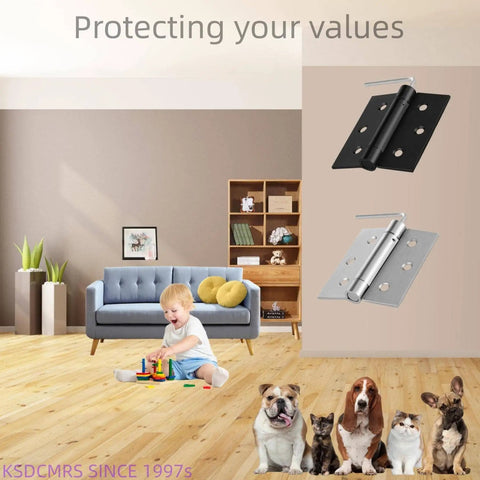 Living room with child playing on floor, featuring 3.5 Inch Self Closing Stainless Steel Door Hinges on wall display