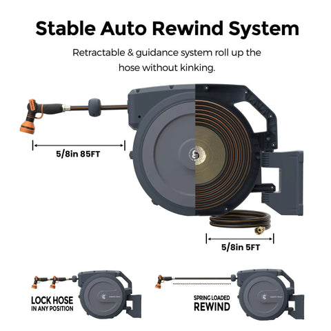 Illustration of Retractable Garden Hose Reel With 5/8 Inch 90 Foot Hose, Wall Mounted With 180 Degree Metal Bracket, Lock At Any Length.