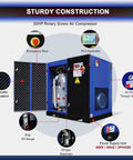 Heavy Duty 30 HP Rotary Screw Air Compressor With 123 CFM At 125 PSI, 460V 3 Phase 60 Hz, shown with open panel and components labeled