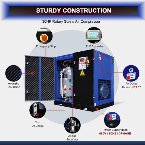 Heavy Duty 30HP Rotary Screw Air Compressor, 123 CFM At 125 PSI With 460V 3 Phase Power. Built For Continuous Industrial Use In Manufacturing Plants And Factories. Reliable Screw Compressor System Delivering Stable High Volume Airflow For CNC Machines