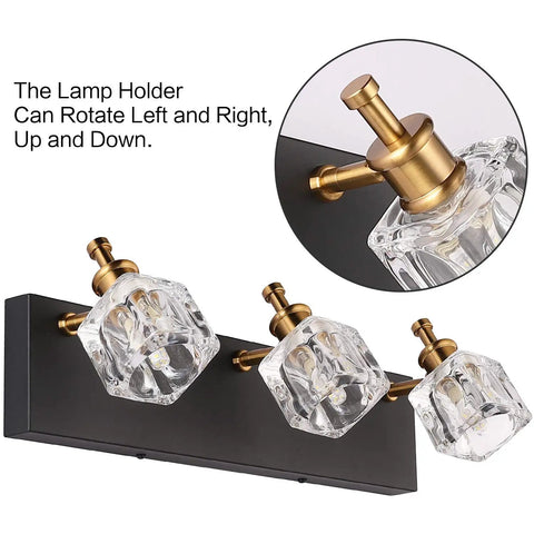 Modern Black LED Vanity Light Over Mirror With Adjustable Crystal Glass Shades 3 Light Bath Wall Fixture Waterproof Matte Black Frame For A Dope Sleek High End Bathroom Upgrade with rotatable shades