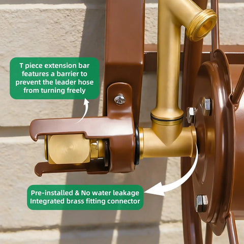 Wall Mounted Garden Hose Reel, Heavy Duty Metal Hose Organizer with brass fittings, close-up of leak-proof design and connector